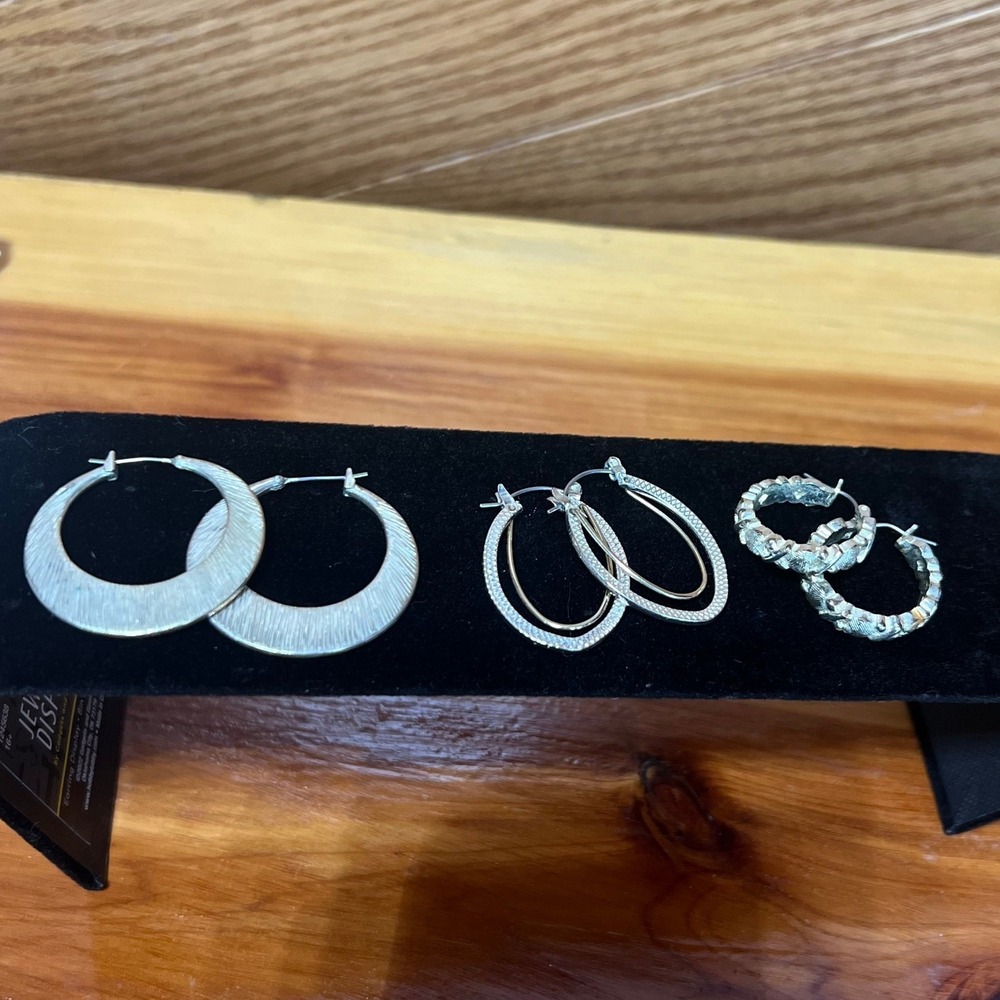Vtg Lot 3 Pair Clasp‎ Medium Hoop Earrings Silver Tone Shimmer Hearts Chunky
